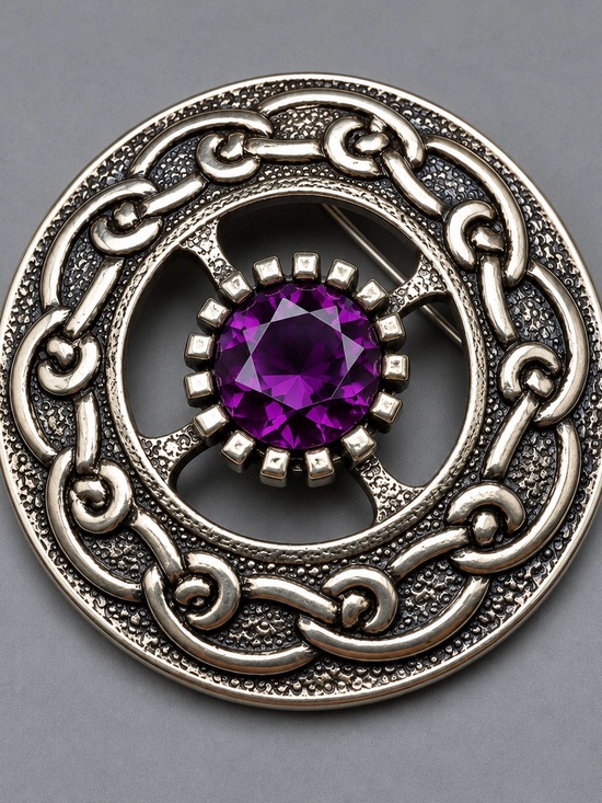 Celtic Jewelry - Vintage Celtic Round Brooch with Purple Gem #cz428